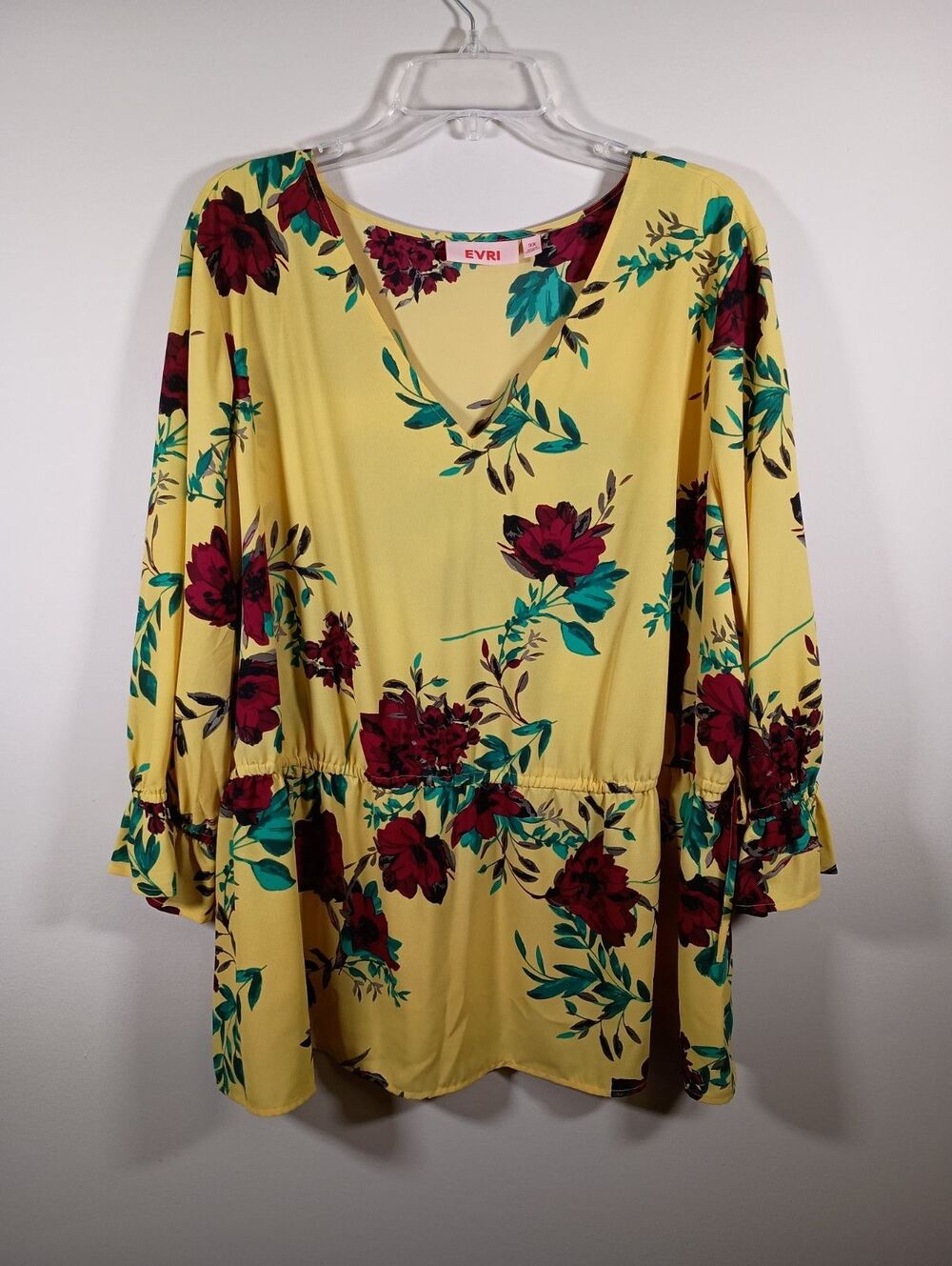 NWT Evri Yellow Floral Drawstring Cinch Waist V Neck Top Womens Size 2X